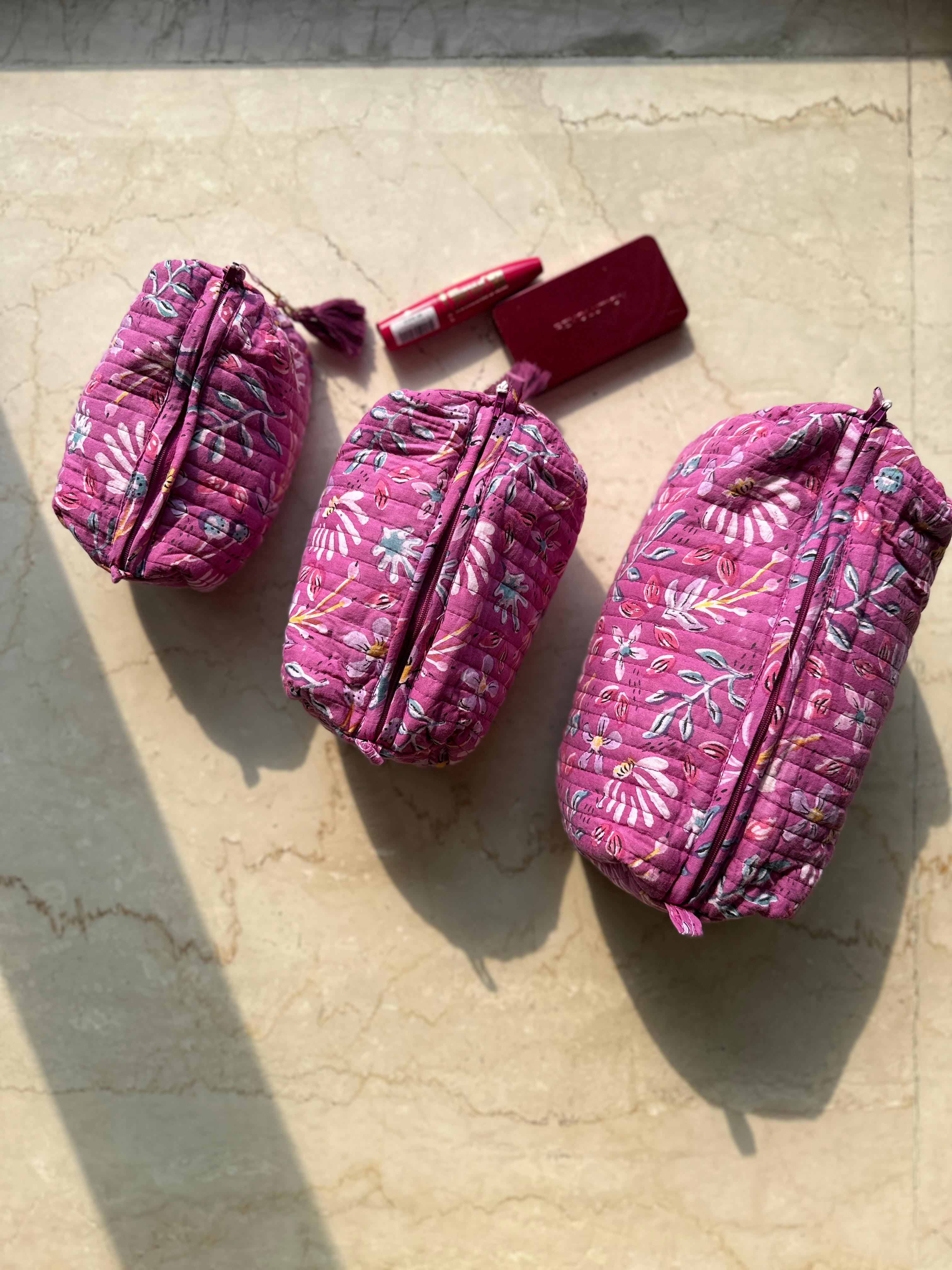 Handblockprinted Water Resistant Cosmetic Pouch Set of 3