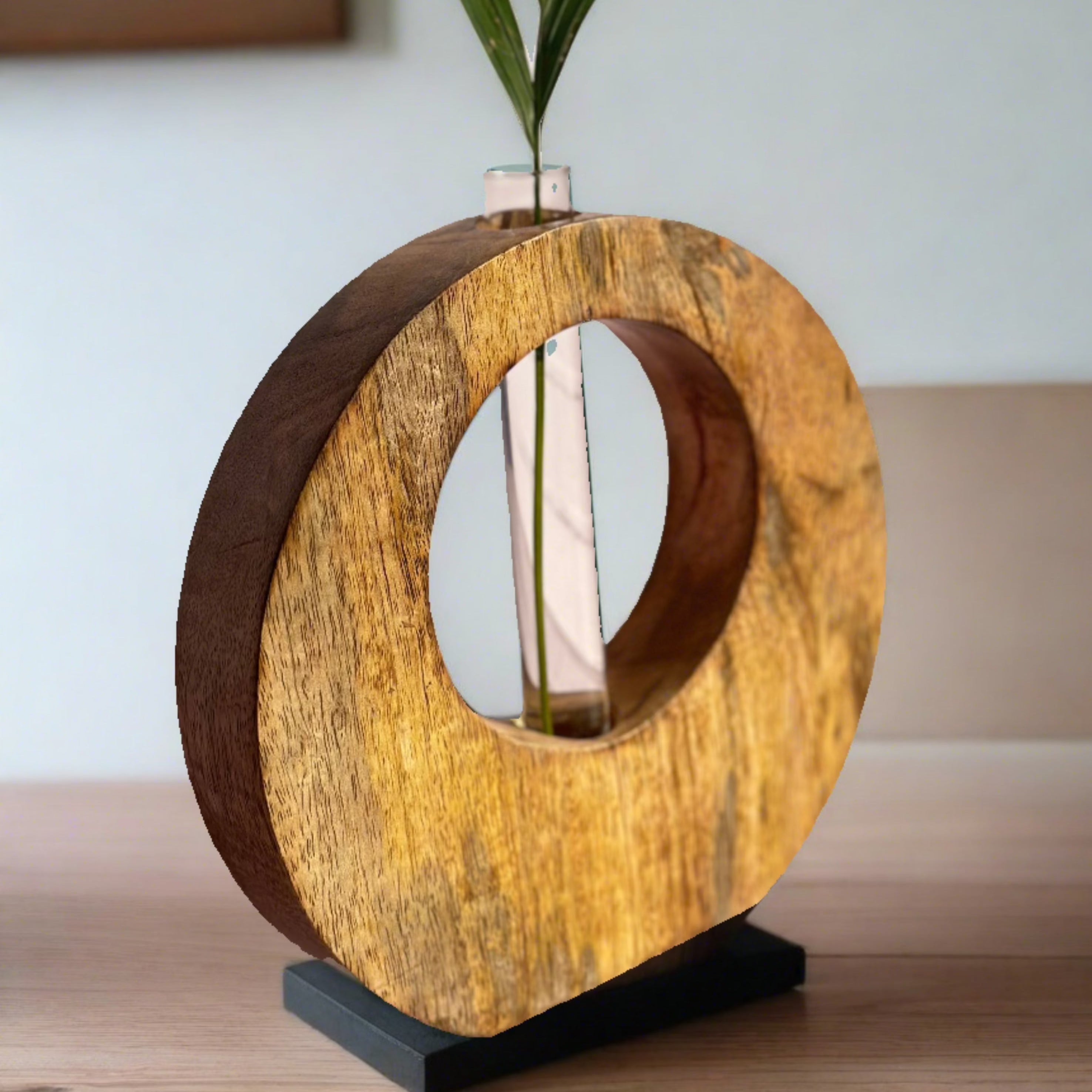 a wooden vase with a plant in it