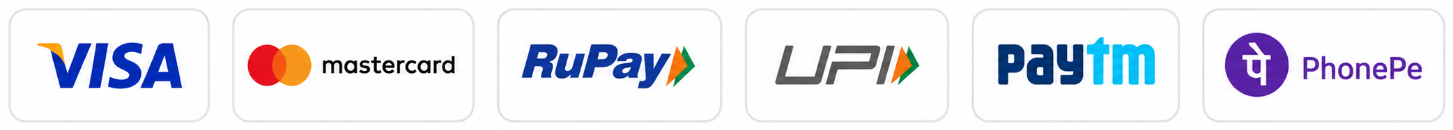 Accepted payment methods: Visa, Mastercard, RuPay, UPI, Paytm, PhonePe